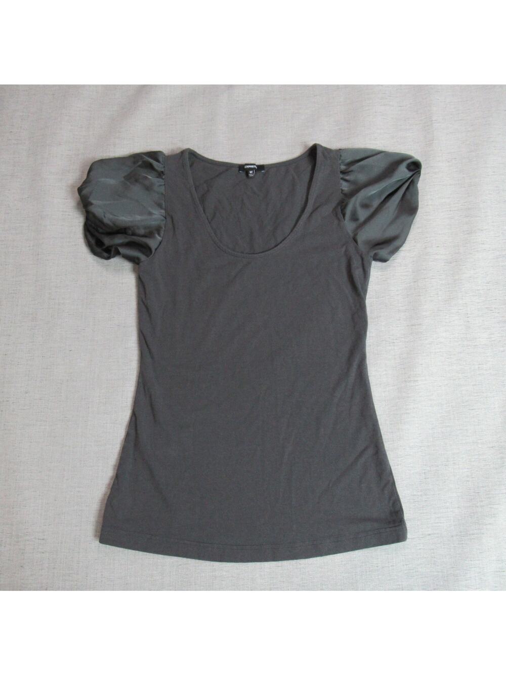 Express Top Womens Size Medium Gray Satin Puff Sleeve Blouse Goth Casual Royalty